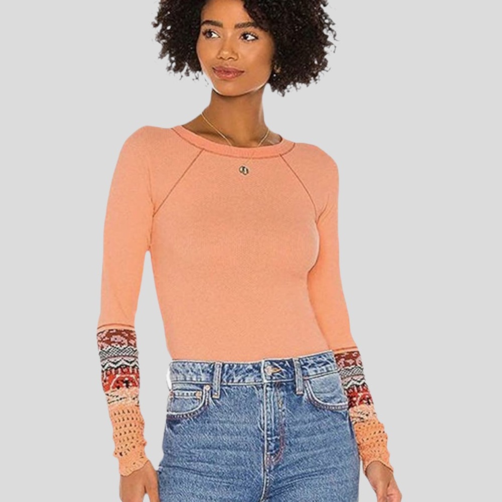 Free People Peach Long Sleeve Top with Patterned Sleeves
